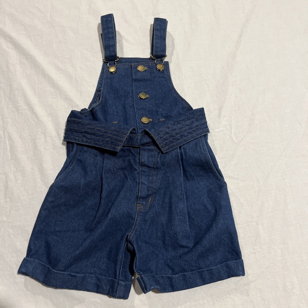 Vintage Longstreet Kids Size 5 Blue Denim Shorts Overalls Foldover waist